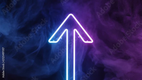 A glowing neon arrow pointing upwards, featuring a dynamic blue to purple color gradient and smoky energy effects
