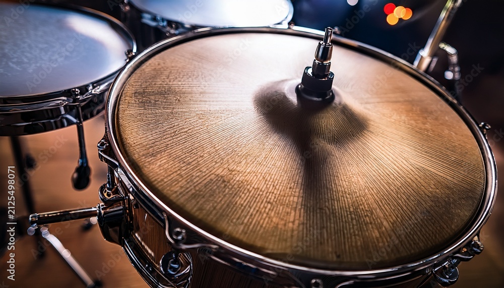 Obraz premium close up view of drum head with metal hardware and wood shell