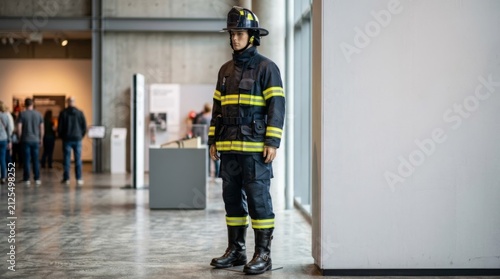 Firefighter turnout gear mannequin in exhibition hall with reflective stripes, showcasing emergency uniform readiness and concept