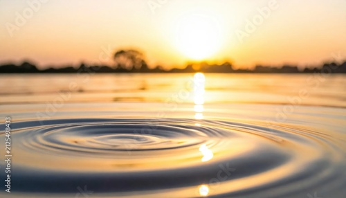 Serene water ripple catches golden sunset reflection on tranquil lake surface