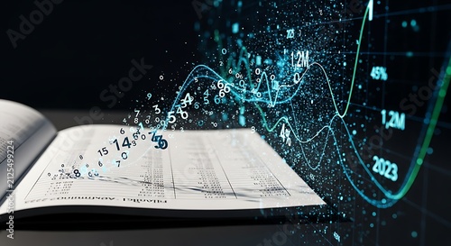 Abstract concept of big data and financial analysis with digital glowing graphs and numbers emerging from an open book, representing business intelligence and digital transformation.