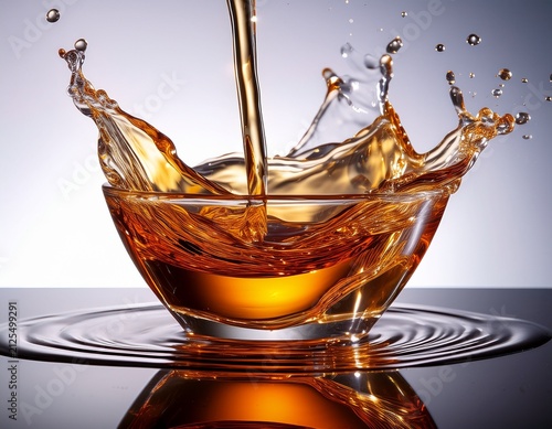 rich amber fluid cascades into a crystal clear vessel forming mesmerizing swirls and brilliant specular highlights on a glossy surface glass splash glowing