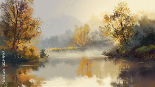 Painting of a beautiful hazy autumn landscape. Mist lingering above lake. Trees in fall colors and reflecting from calm water surface.