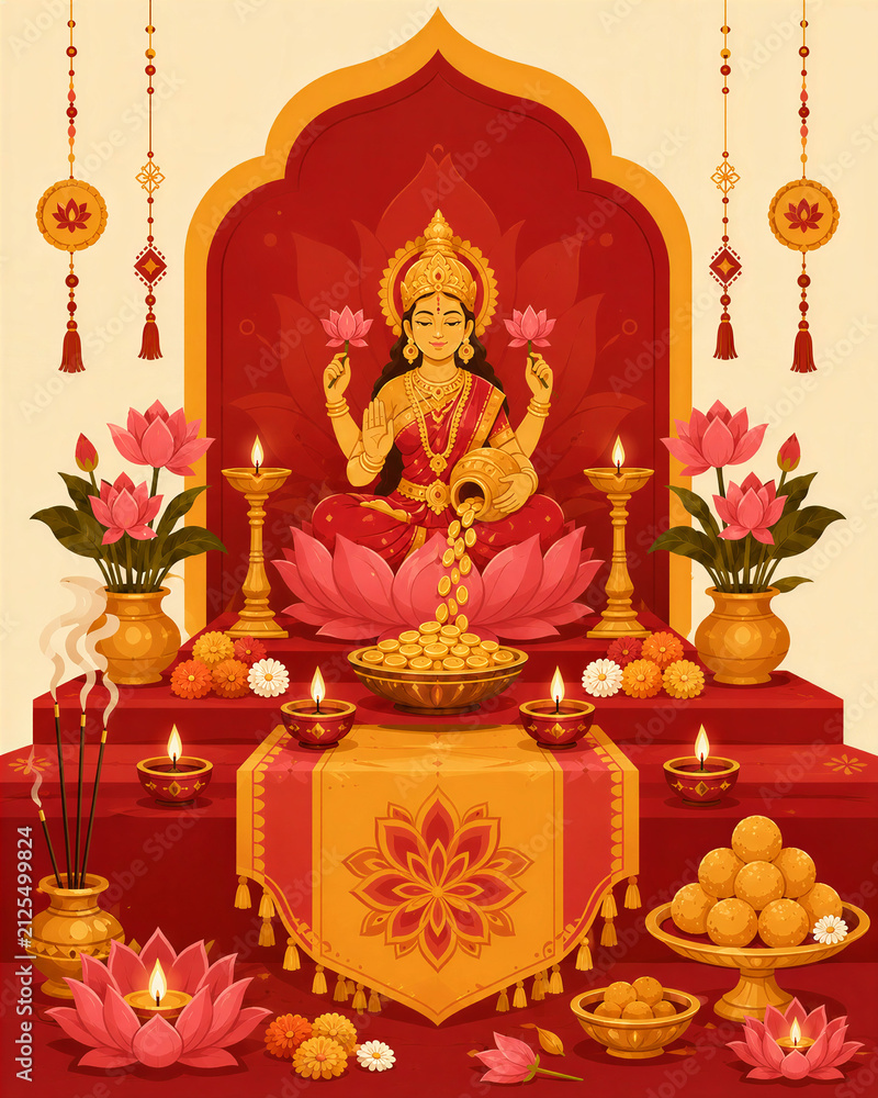 Obraz premium Lakshmi Puja Shrine with Gold Coins, Lotus Flowers and Diyas for Diwali