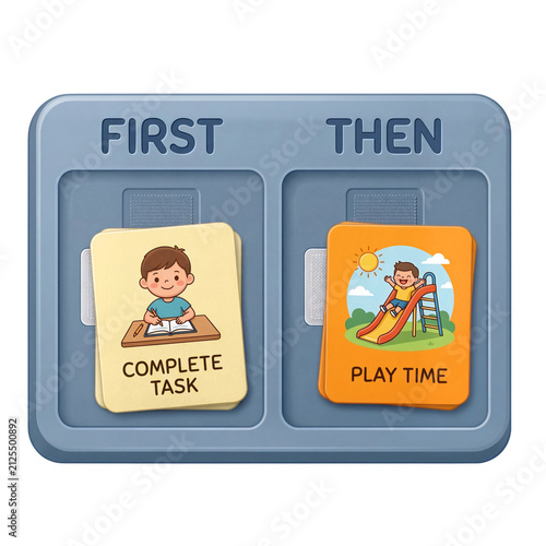 First-Then visual schedule board with task and reward cards for routine planning and behavioral support