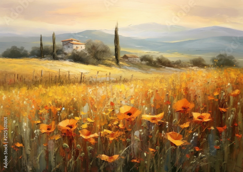 Oil painting of colorful tuscany flower field. Landscape painting on canvas. Heavy brushstrokes.