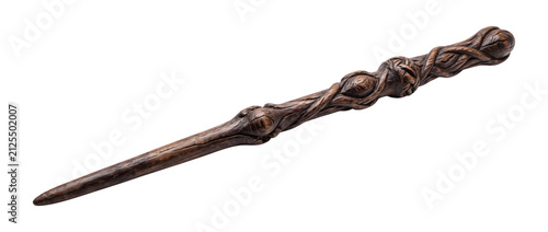 Ornate wooden wand with carvings isolated on transparent background