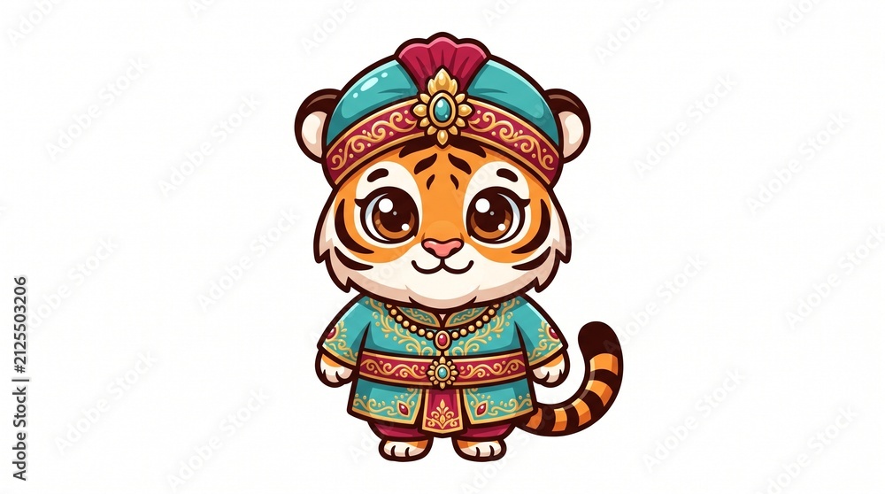 Fototapeta premium Cute Baby Tiger Mascot Wearing Traditional Malay Royal Costume Flat Vector Illustration Isolated on White Background