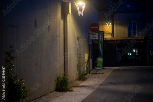 Serene nighttime alley scene with dim street light and quiet atmosphere