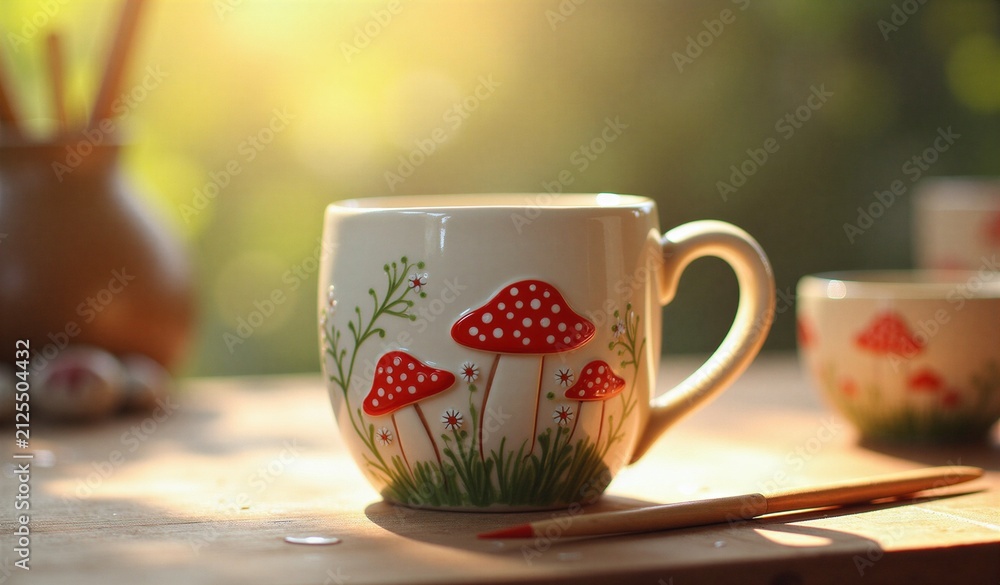 Fototapeta premium Cute Hand Painted Mushroom Ceramic Mug for Pottery Painting Inspiration 