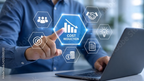Businessman's hand pointing to a digital screen showing cost reduction infographic with icons representing goals, teamwork, and savings.