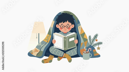Cozy child in pajamas reading a book under a blanket with hot chocolate and Christmas decorations