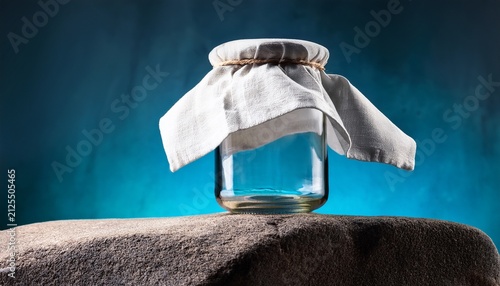 Empty Glass Jar With White Cloth Cover On A Stone Base