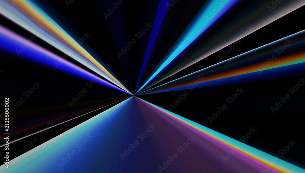 Obraz premium Wide rainbow light refraction 3D render, holographic geometric prism spectrum beam, dark futuristic digital cover element.
