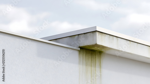 Close up view of a modern building's corner with algae and moisture damage, showing degradation against a cloudy sky background