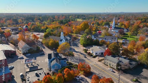 York village historic center aerial view in fall including First Parish Congregational Church, Old Methodist Church, and Town Hall on York Street in town of York, Maine ME, USA. 