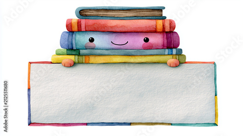 Cute cartoon stack of colorful books with a smiling character holding a blank sign creating a fun Back to School template with copy space