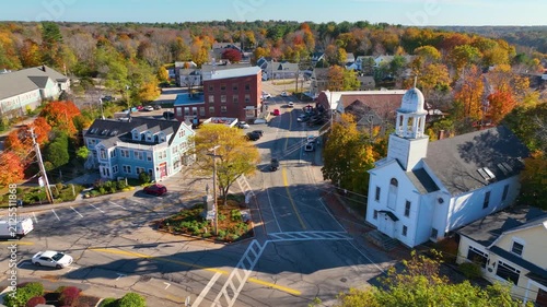 York village historic center aerial view in fall including Old Methodist Church in town of York, Maine ME, USA. 
