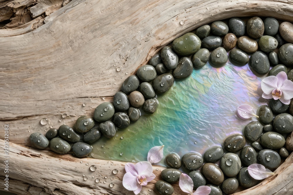 Obraz premium Iridescent Pebbles on Rustic Wood with Natural Reflection