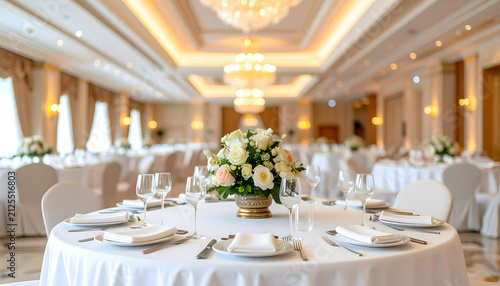 Elegant round dining table set for a wedding reception in a luxurious ballroom with warm lighting and floral centerpieces