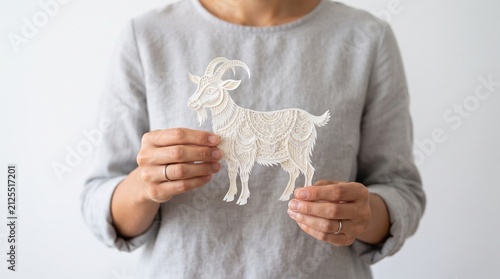 A person holding a delicate white paper cutout of a goat with intricate designs