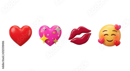 Принти на полотні Set of 3D love emojis red heart kiss and smiling face