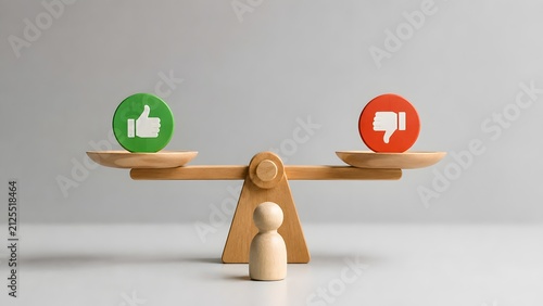 Balance scale with green like and red dislike icons facing wooden human figure representing customer feedback evaluation and choice concept