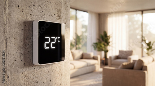 A digital smart home thermostat mounted on a textured concrete wall, displaying a temperature of 22 degrees in a bright, modern, and blurred luxury living room.