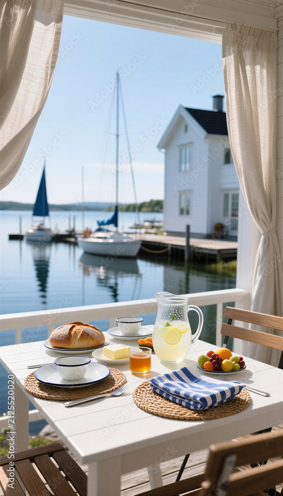 Fototapeta premium Minimalist breakfast setup on terrace overlooking marina with sailboats