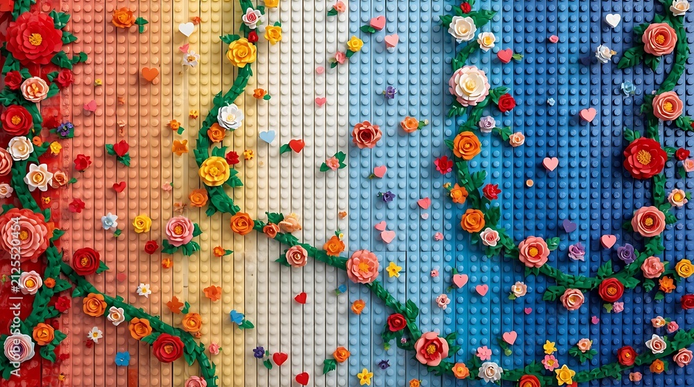 Fototapeta premium Vibrant LEGO Flower Mosaic: Colorful Brick Art Blossoms on Gradient Background