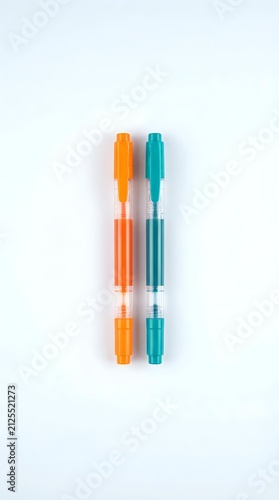 Two colorful gel pens arranged vertically on white background, one orange and one teal, featuring transparent barrels and matching caps for office, school, and writing supplies.