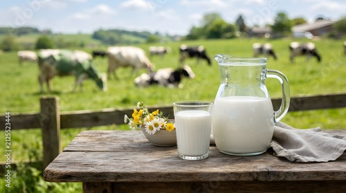 Fresh milk in a glass and pitcher on a rustic wooden table with a dairy farm background countryside agriculture breakfast landscape