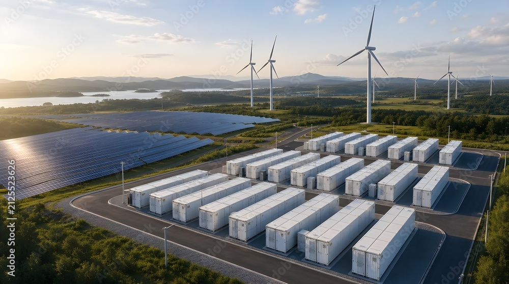 Fototapeta premium Grid-Scale Battery Storage Containers Support Solar and Wind Generation for Reliable Renewable Energy Infrastructure Systems