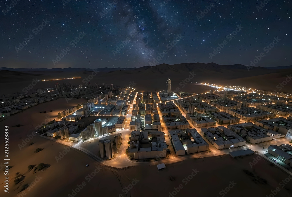 Obraz premium Aerial view of a desert city at night with illuminated buildings and streets under a starry sky, the urban landscape is set against a backdrop of dark mountains and a vast starry sky, the milky