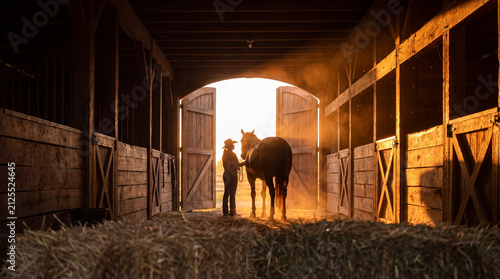 A silhouette of a cowgirl with her horse in a rustic wooden stable, backlit by the warm golden glow of a sunset shining through the barn doors.