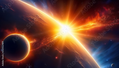 a spectacular solar flare bursts forth near a distant planet in the vastness of outer space