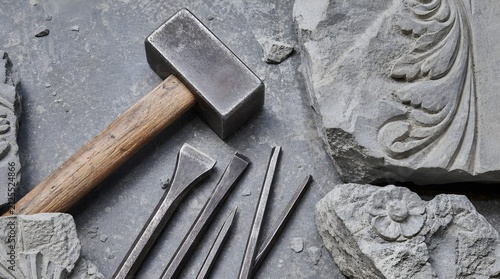 Steel Stone Carving Hammer and Chisels Surround Sculpted Rock for Traditional Masonry Tool Advertising Campaigns