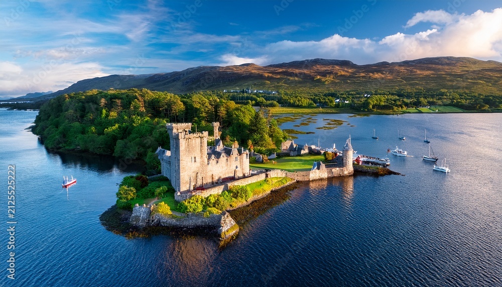 Fototapeta premium aerial view of glengorm castle in tobermory on the isle of mull in scotland