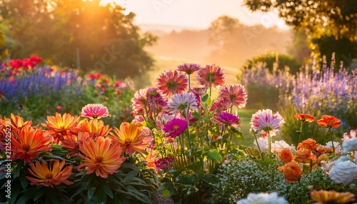 a vibrant garden scene teeming with a profusion of blooming flowers bathed in the warm glow of the sun with a soft haze in the background