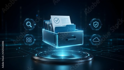Futuristic floating digital file cabinet drawer with verified documents and security icons representing electronic document management systems
