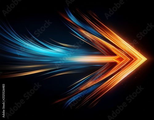 abstract motion blur streaks in orange and blue forming a right pointing arrow on a black background generative ai