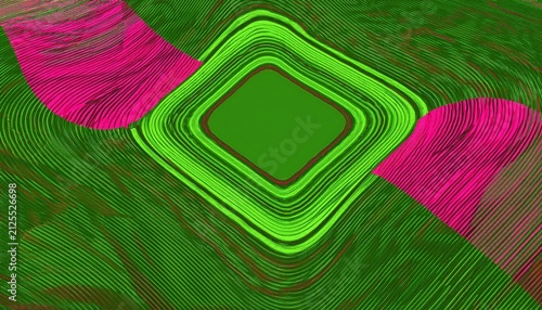 abstract geometric pattern with distorted green squares and pink lines creating a modern digital wave texture background
