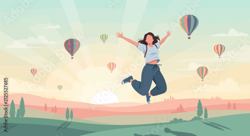 Woman in blue dress jumping with colorful balloons in air.