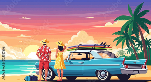 Woman in colorful dress standing next to vintage car at sunset.