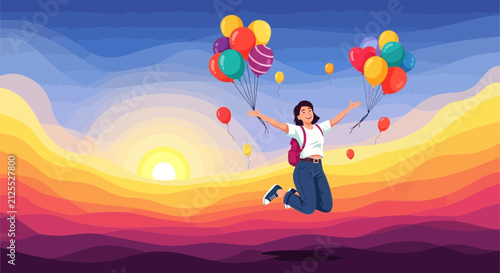 Young girl in colorful dress flying kites at sunset.