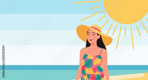 Young girl in colorful swimsuit holding sun umbrella by pool.