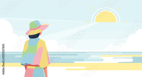 Young girl wearing colorful striped swimsuit and sunhat at beach.