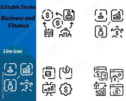 A modern vector icon representing business finance money management economic growth. The design features a briefcase coins bar chart currency symbol. Upward trend arrow symbolizing investment profit.