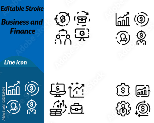 A modern vector icon representing business finance money management economic growth. The design features a briefcase coins bar chart currency symbol. Upward trend arrow symbolizing investment profit.