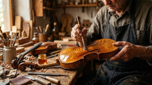 Artisan crafting a musical instrument in workshop